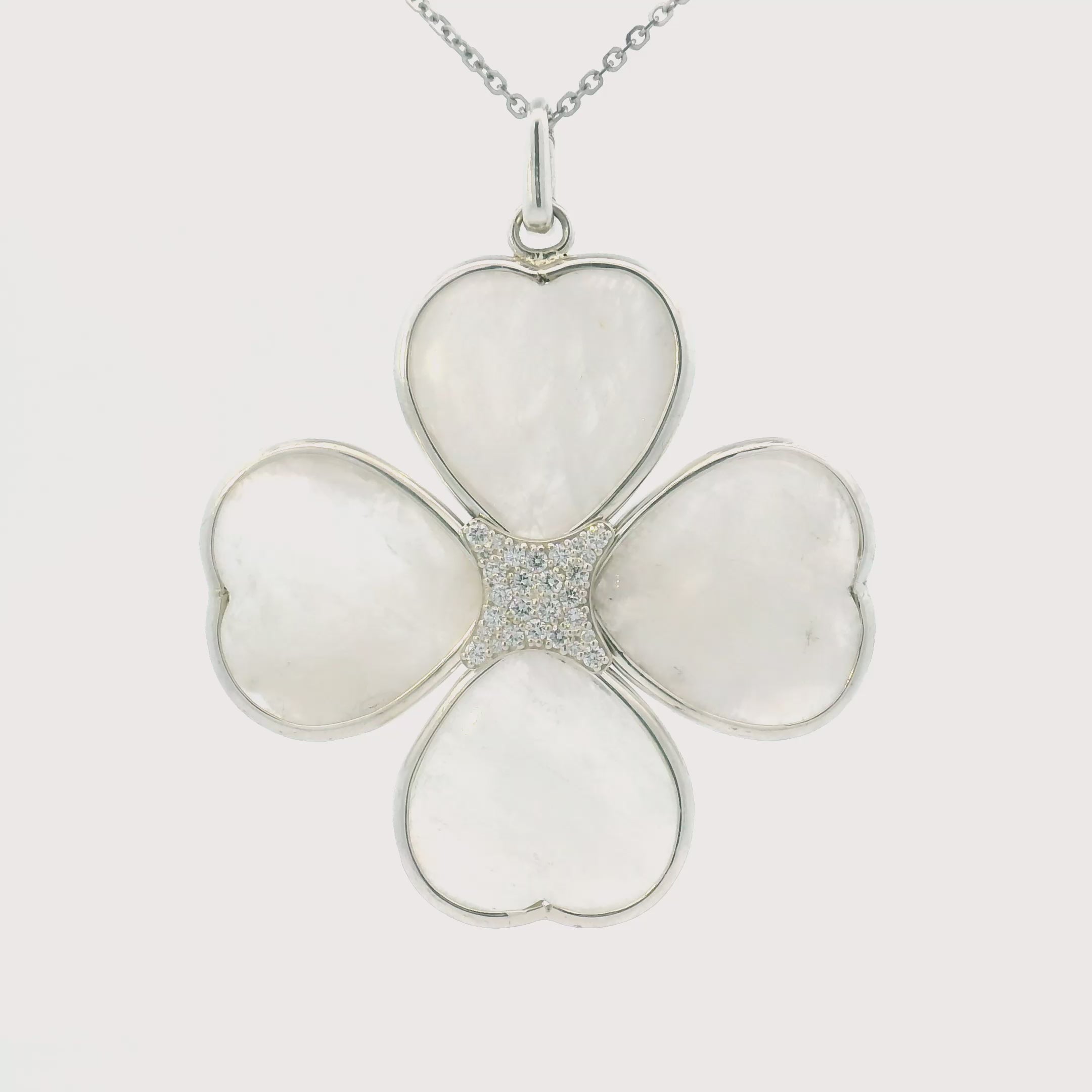 Handmade Diamond and Rainbow Moonstone Clover Silver Pendant