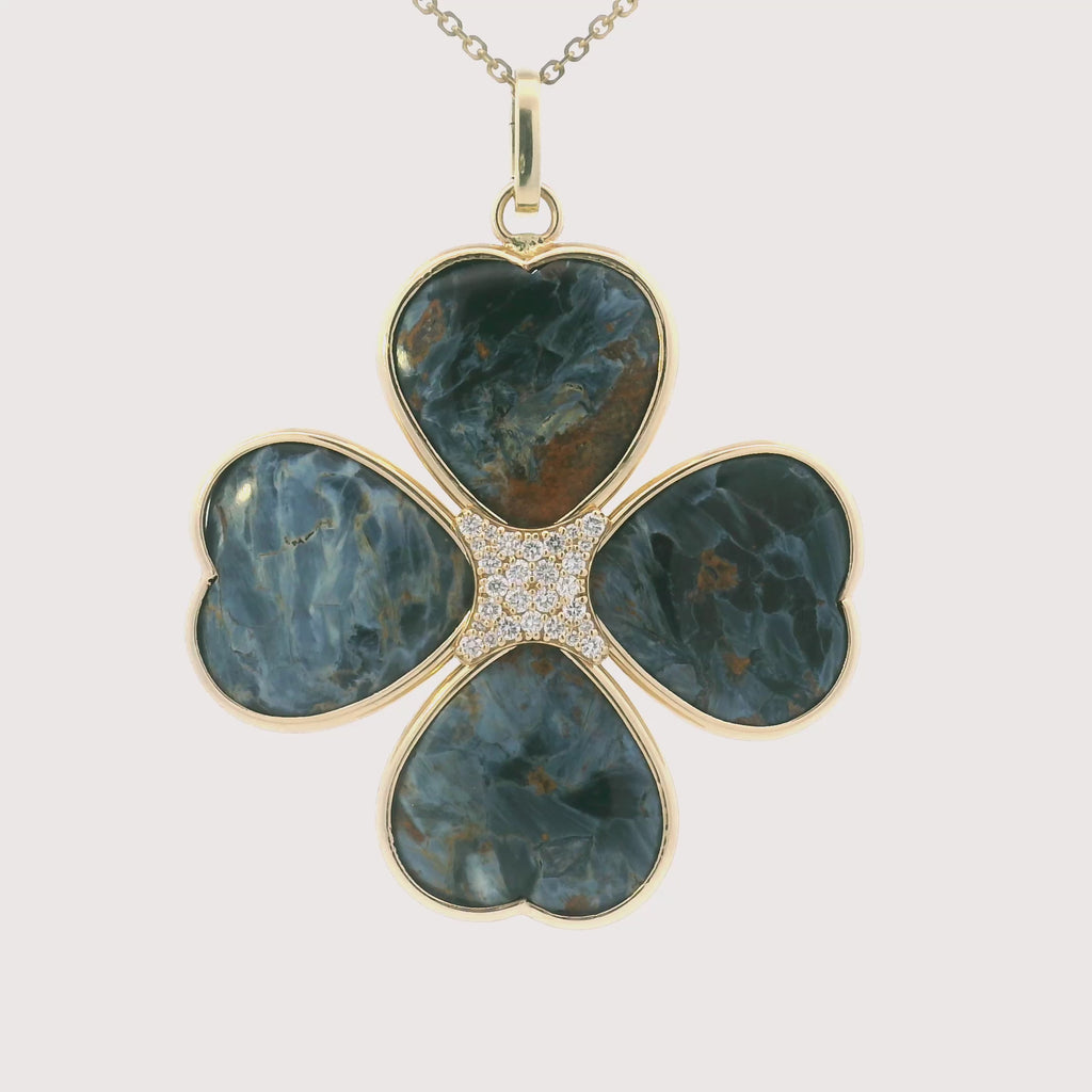 Handmade Diamond and Pietersite Clover 14k Gold Pendant