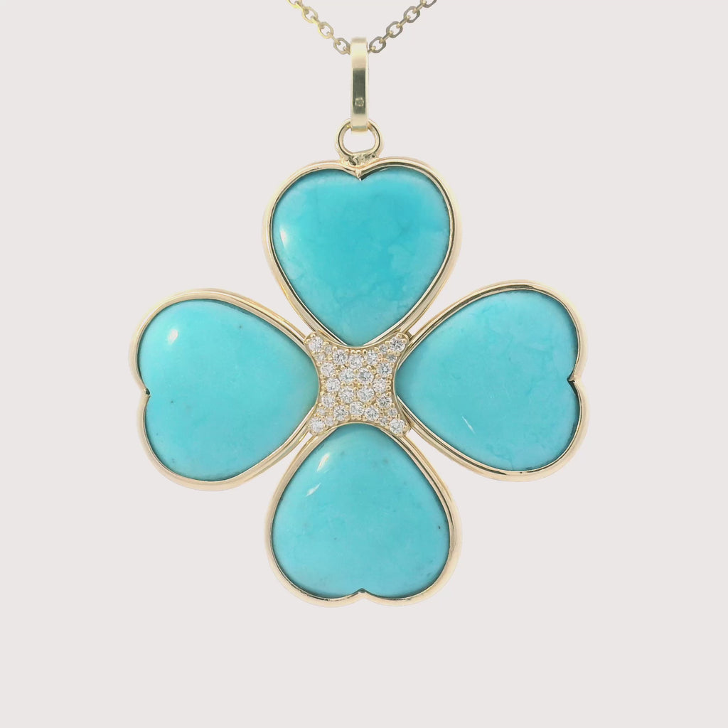 Handmade Diamond and Natural Turquoise Clover 14k Gold Pendant