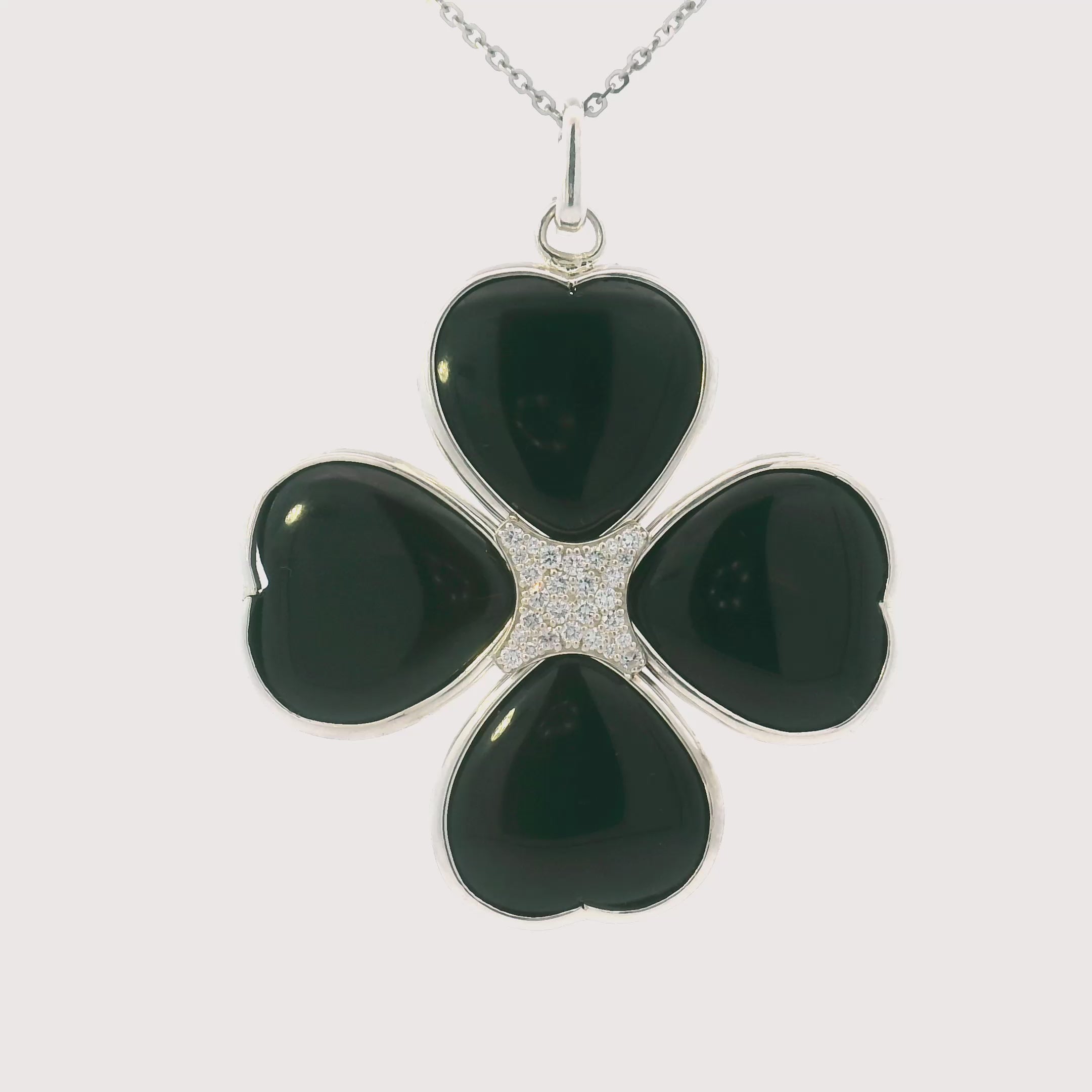 Handmade Diamond and Onyx Clover Silver Pendant