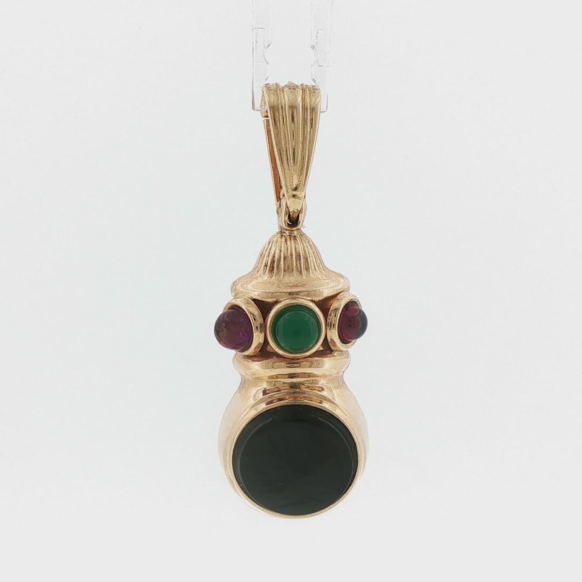 Video of an 18k yellow gold vintage ruby, emerald and bloodstone Greek warrior intaglio pendant