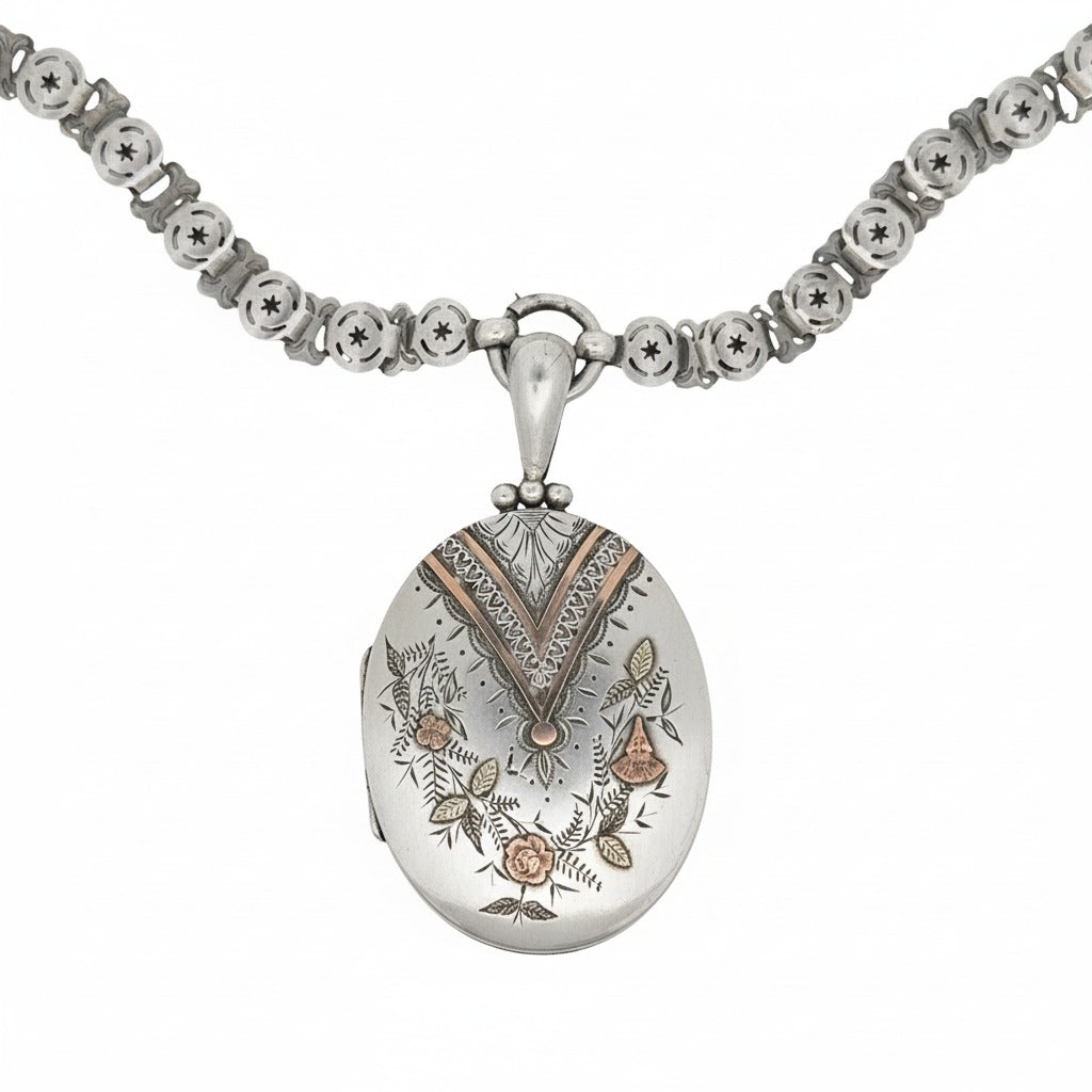 Sterling Silver Vintage 1890s Floral Locket Necklace On Book Chain