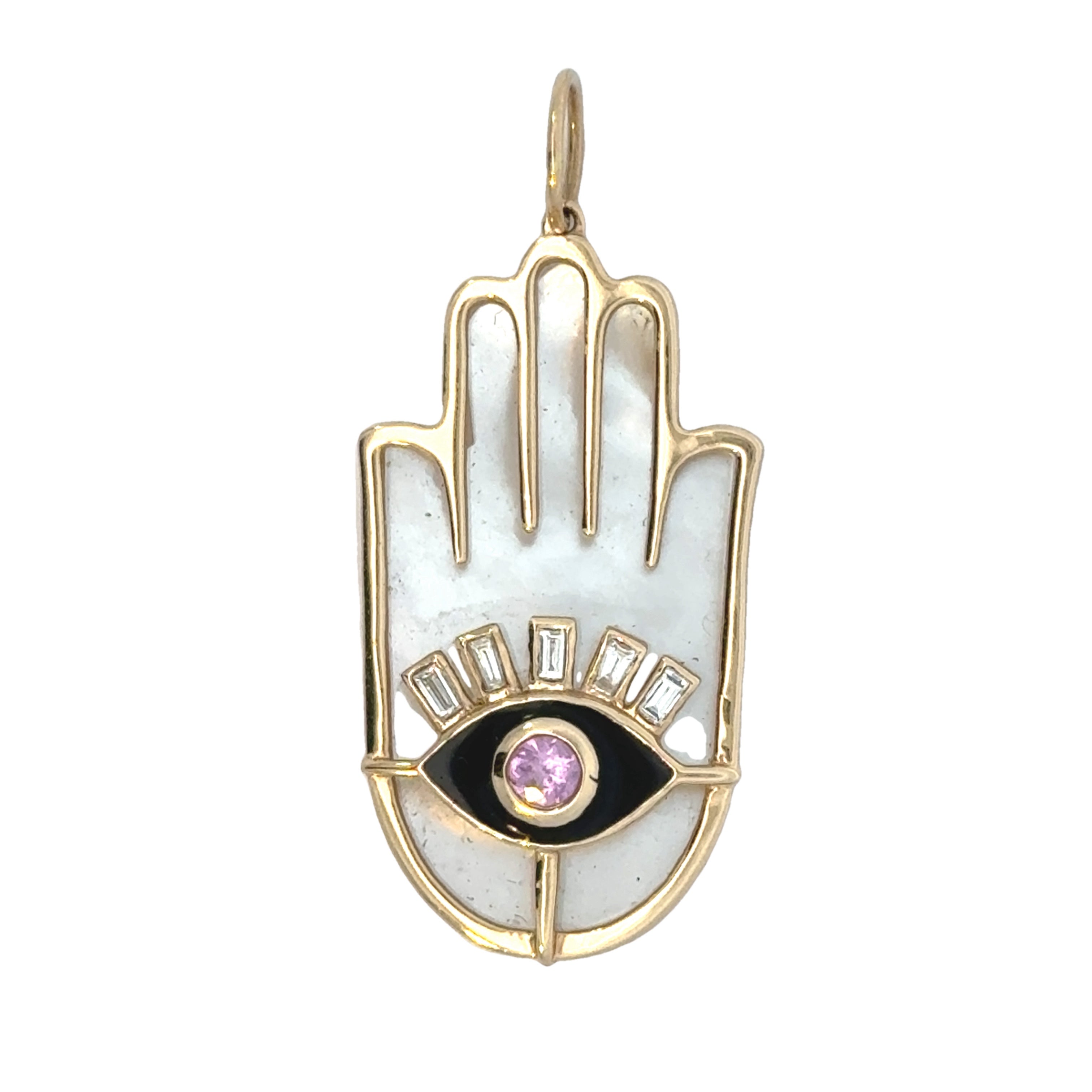 14k Yellow Gold Mother of Pearl Onyx Multi-Gem Hamsa Charm