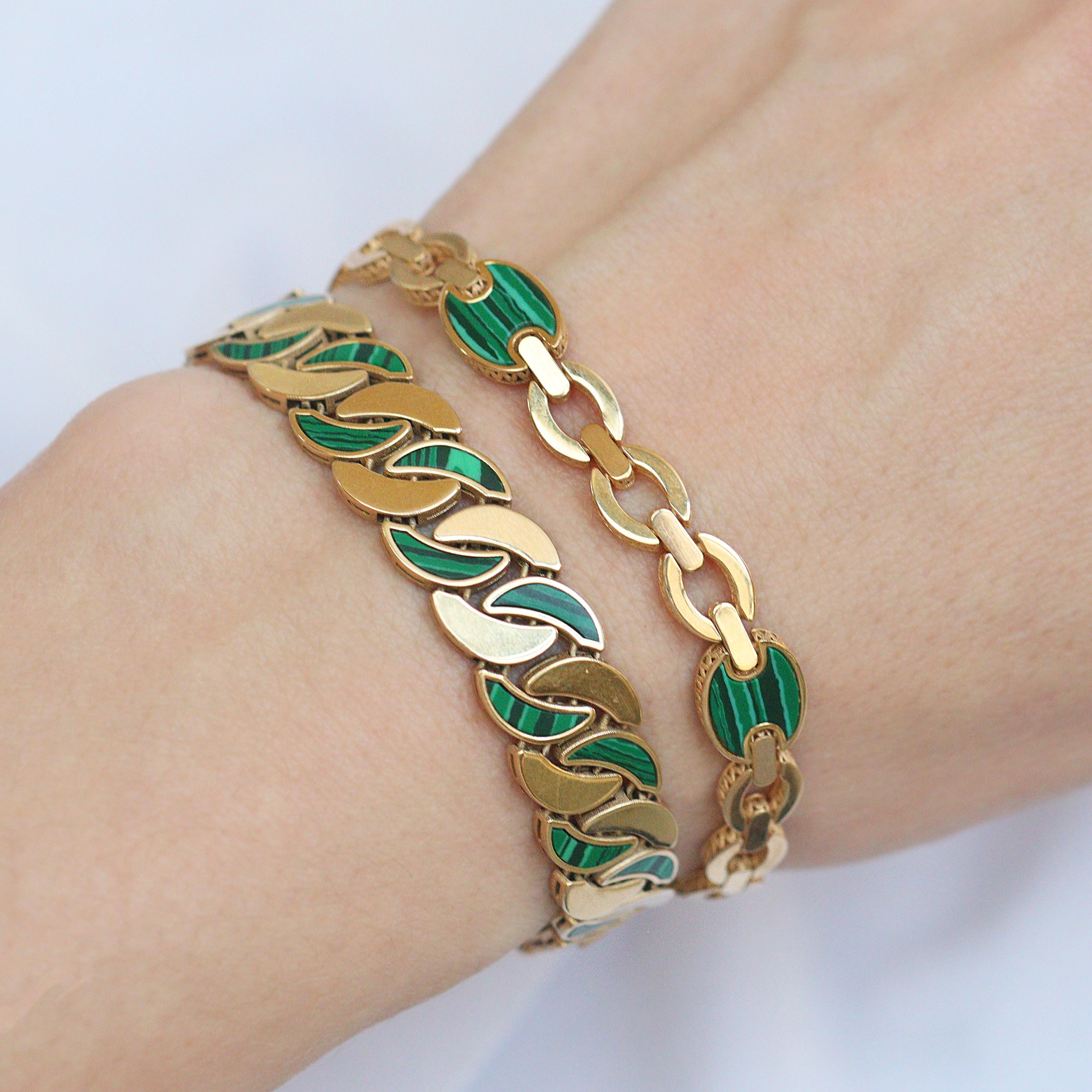Vintage Green Malachite 14k Gold Bracelet