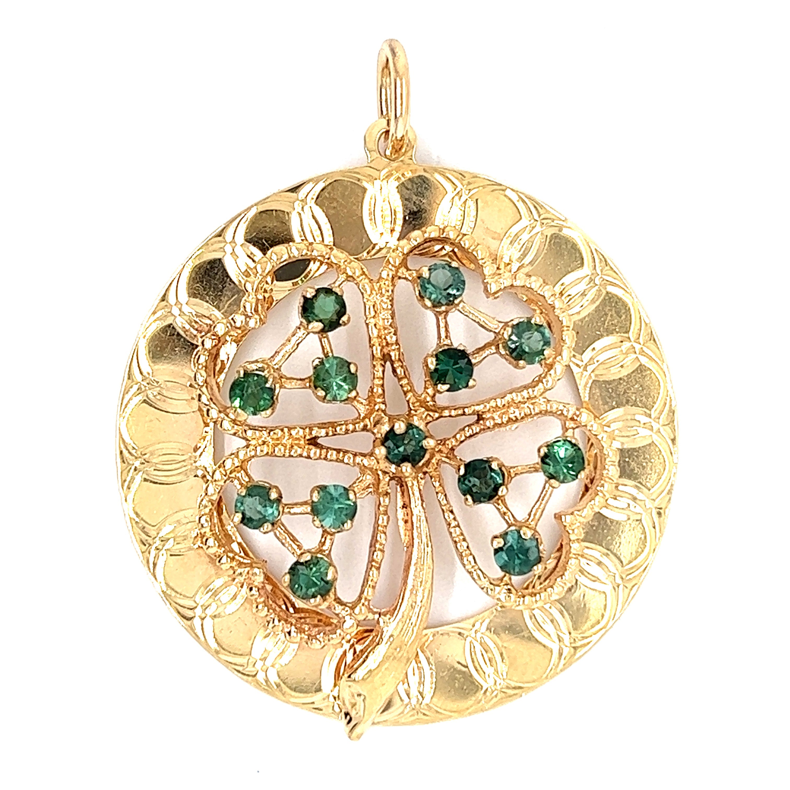 Vintage Green Tourmalines Clover 14k Gold Pendant