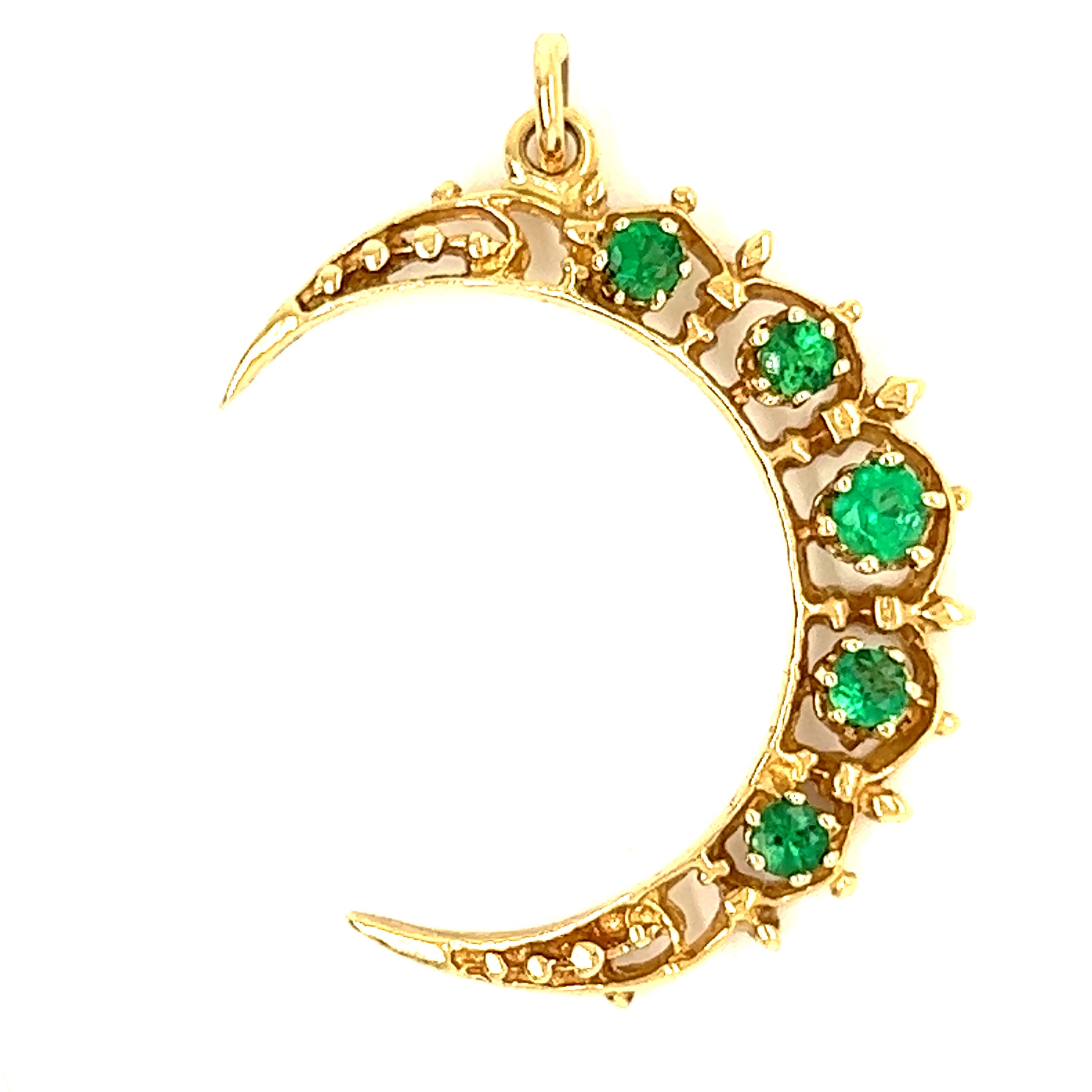 Victorian Emerald Crescent Moon 14k Gold Charm