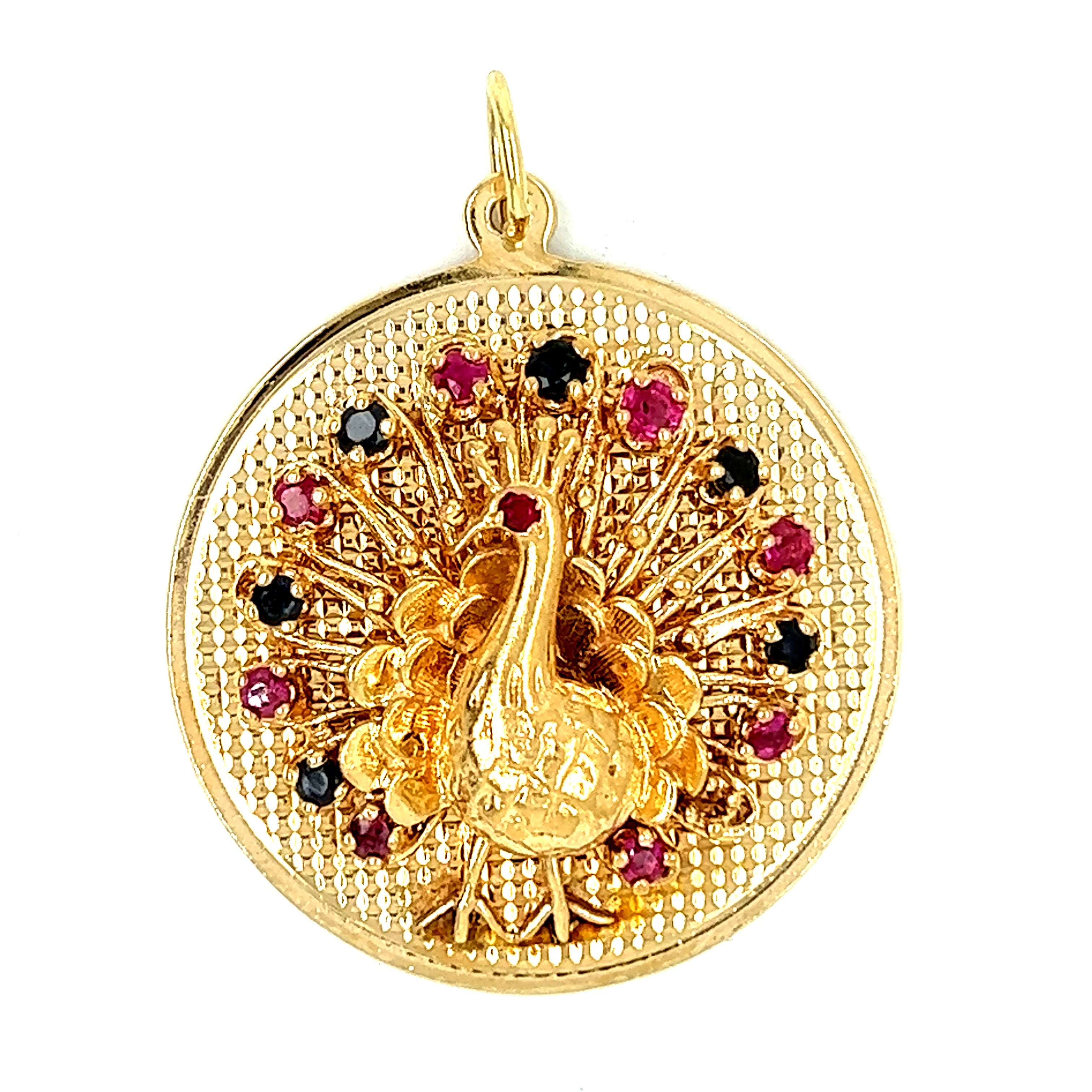 Vintage Blue Sapphire and Ruby Peacock 14k Gold Charm