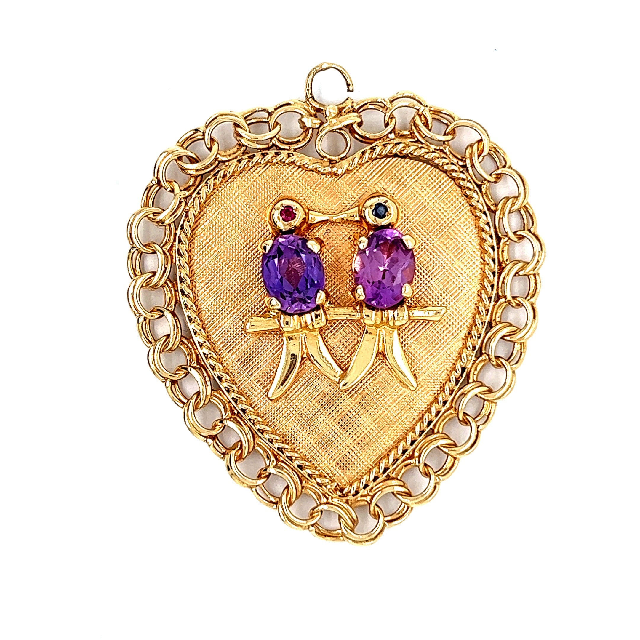 Vintage Amethyst Love Bird Heart 14k Gold Charm