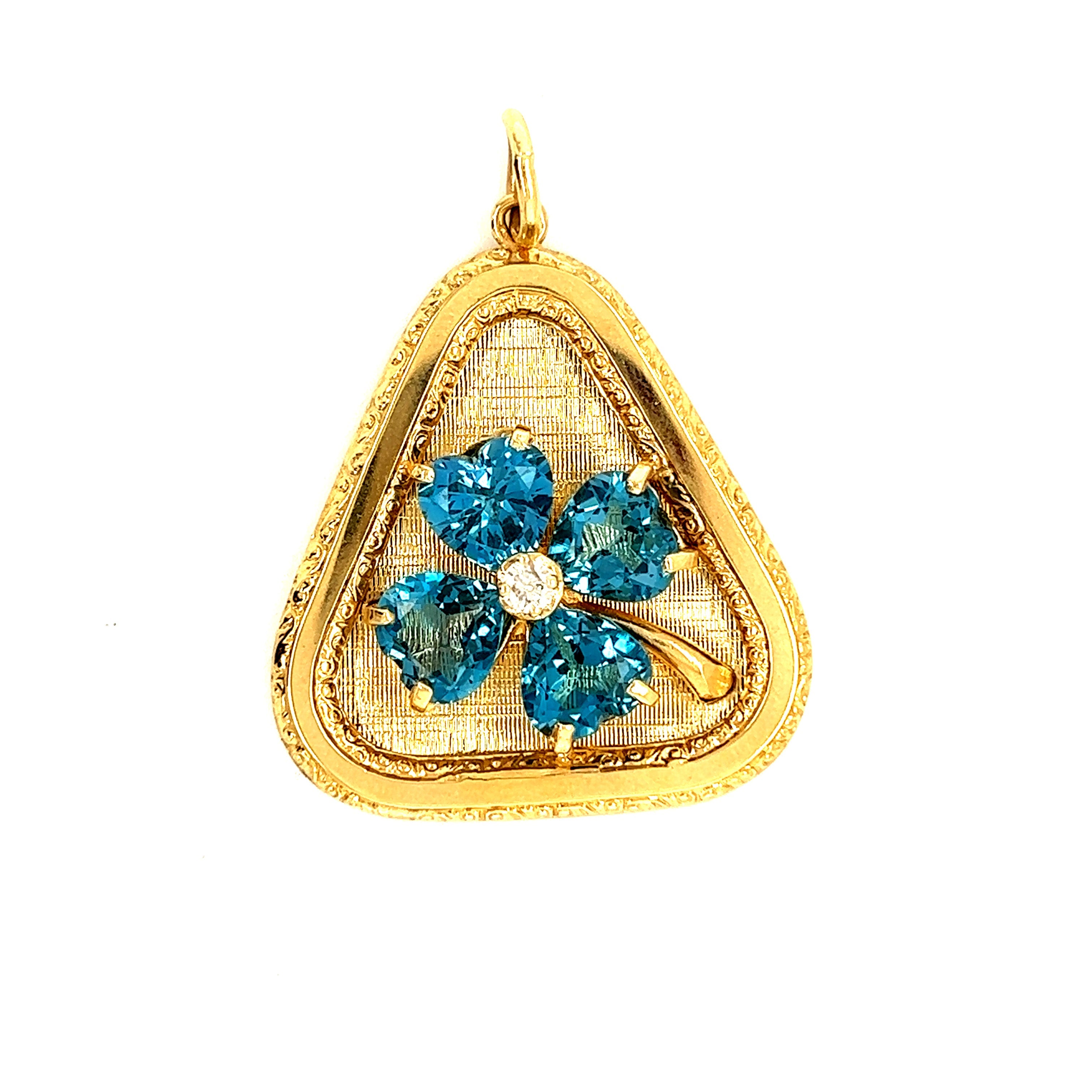 Vintage London Blue Topaz and Diamond Clover 14k Gold Charm