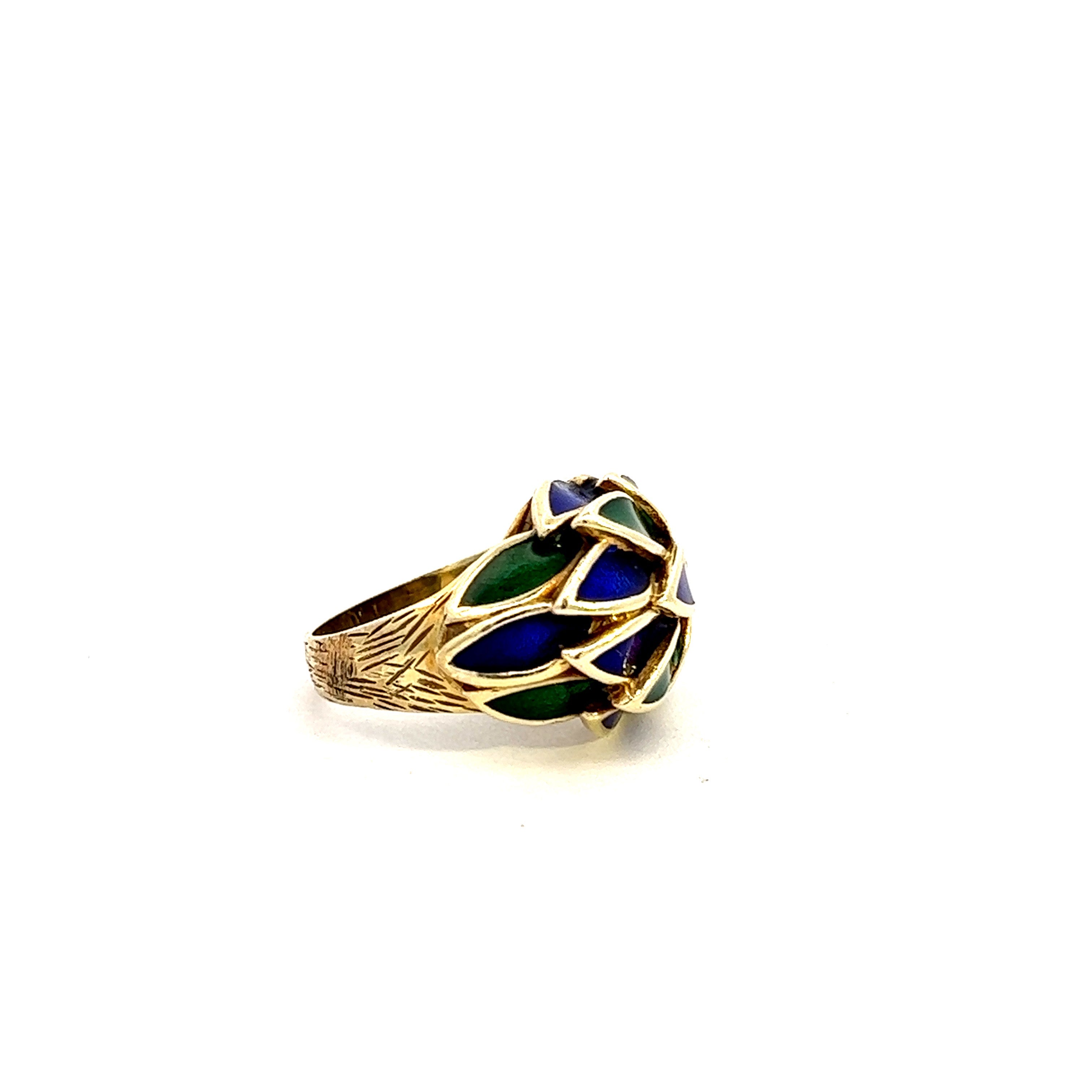 Vintage Blue & Green Enamel 14k Gold Ring