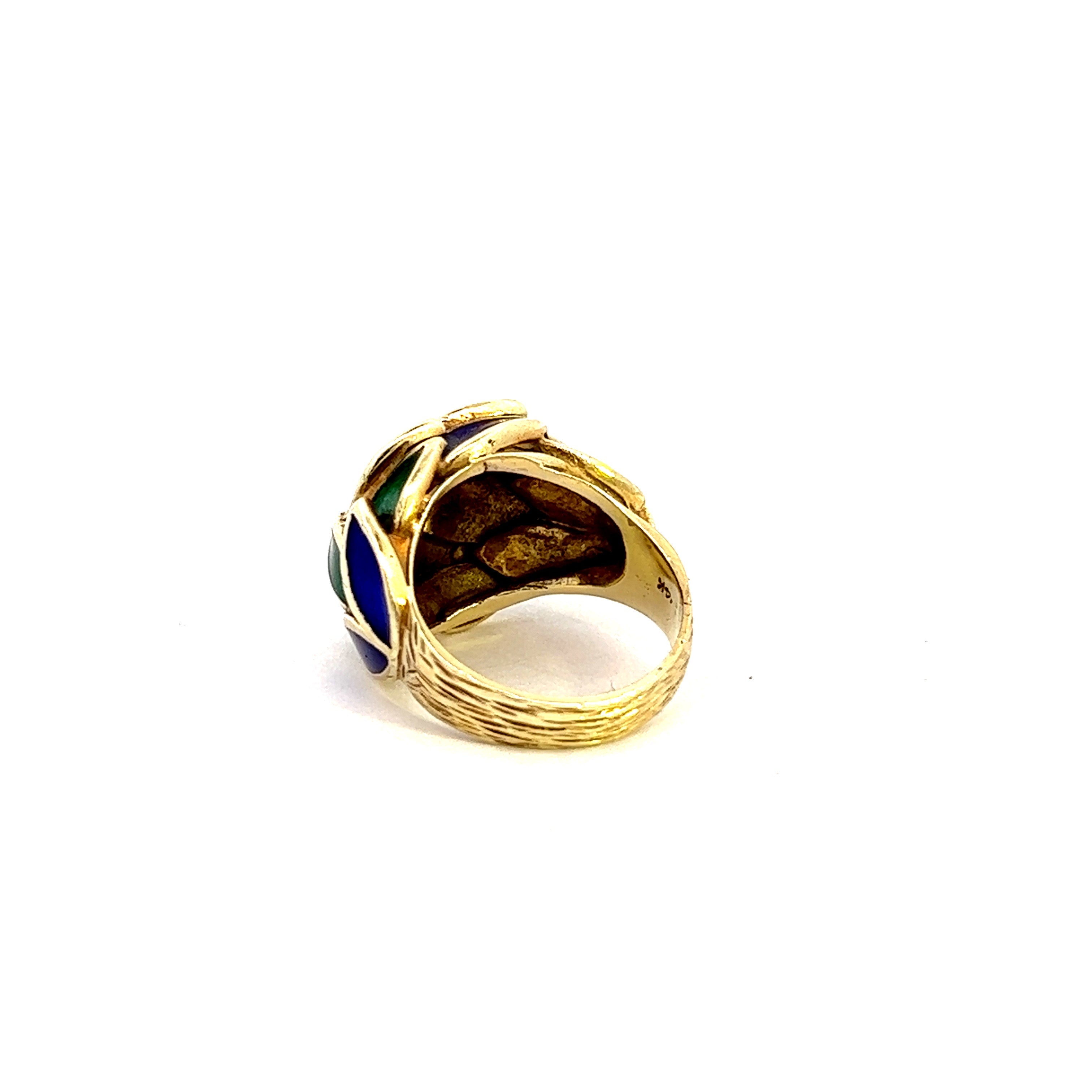 Vintage Blue & Green Enamel 14k Gold Ring