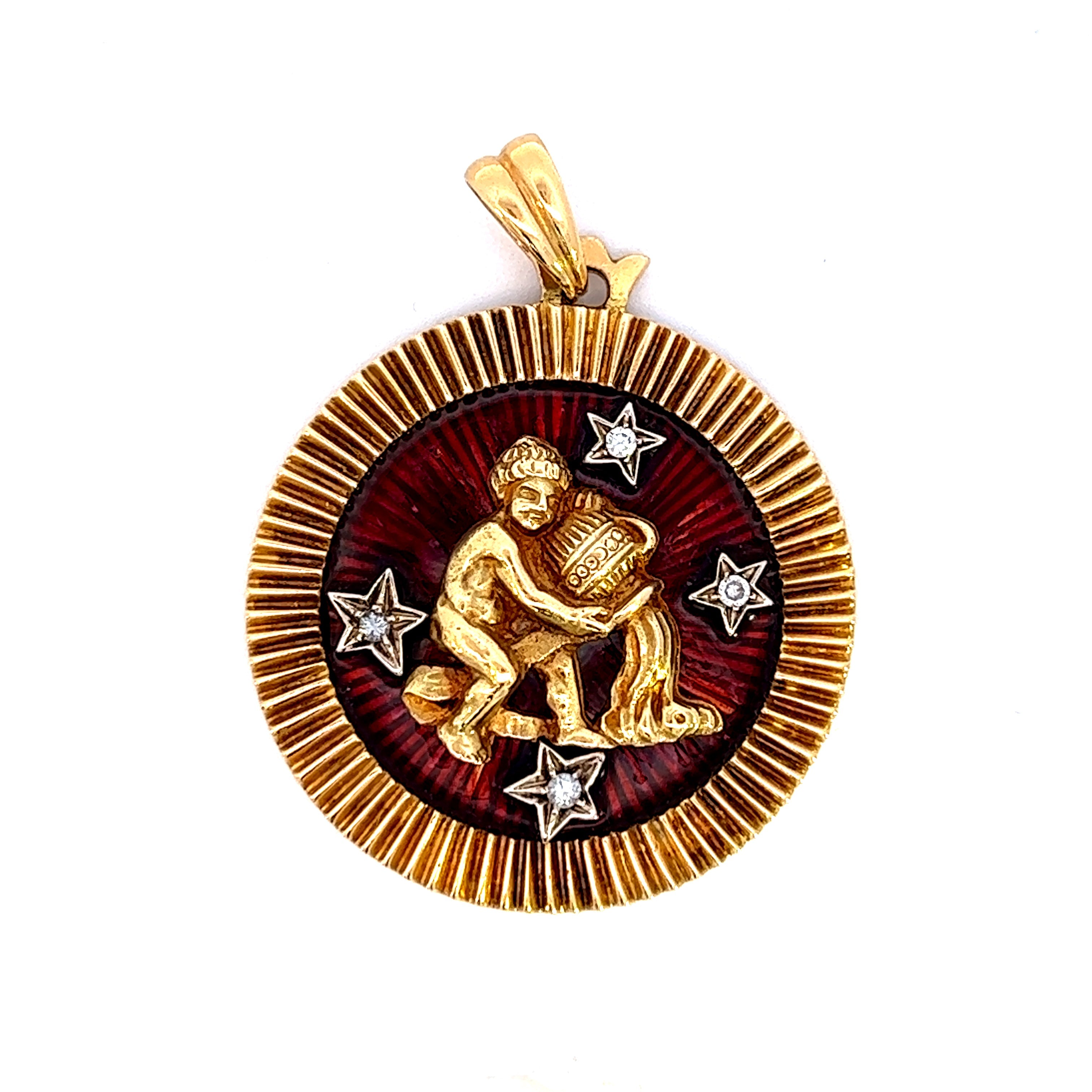 Vintage 1940's Diamonds and Enamel  18k Gold Aquarius Pendant