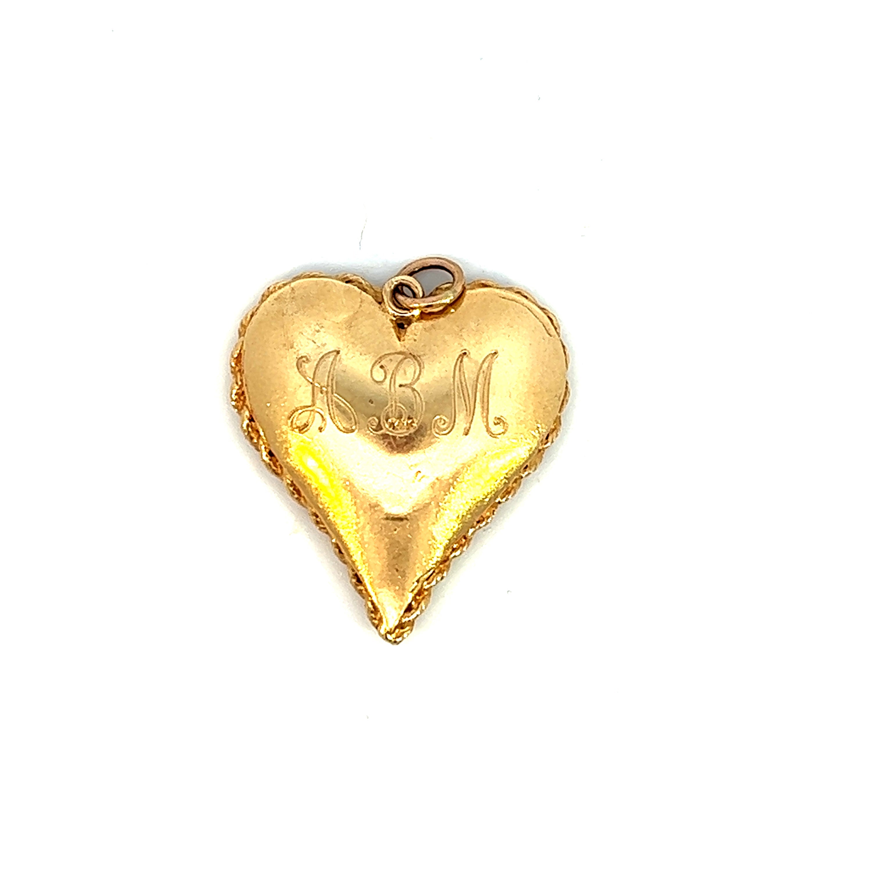 Vintage Ruby Love Bird Engraved 14k Gold Heart Charm