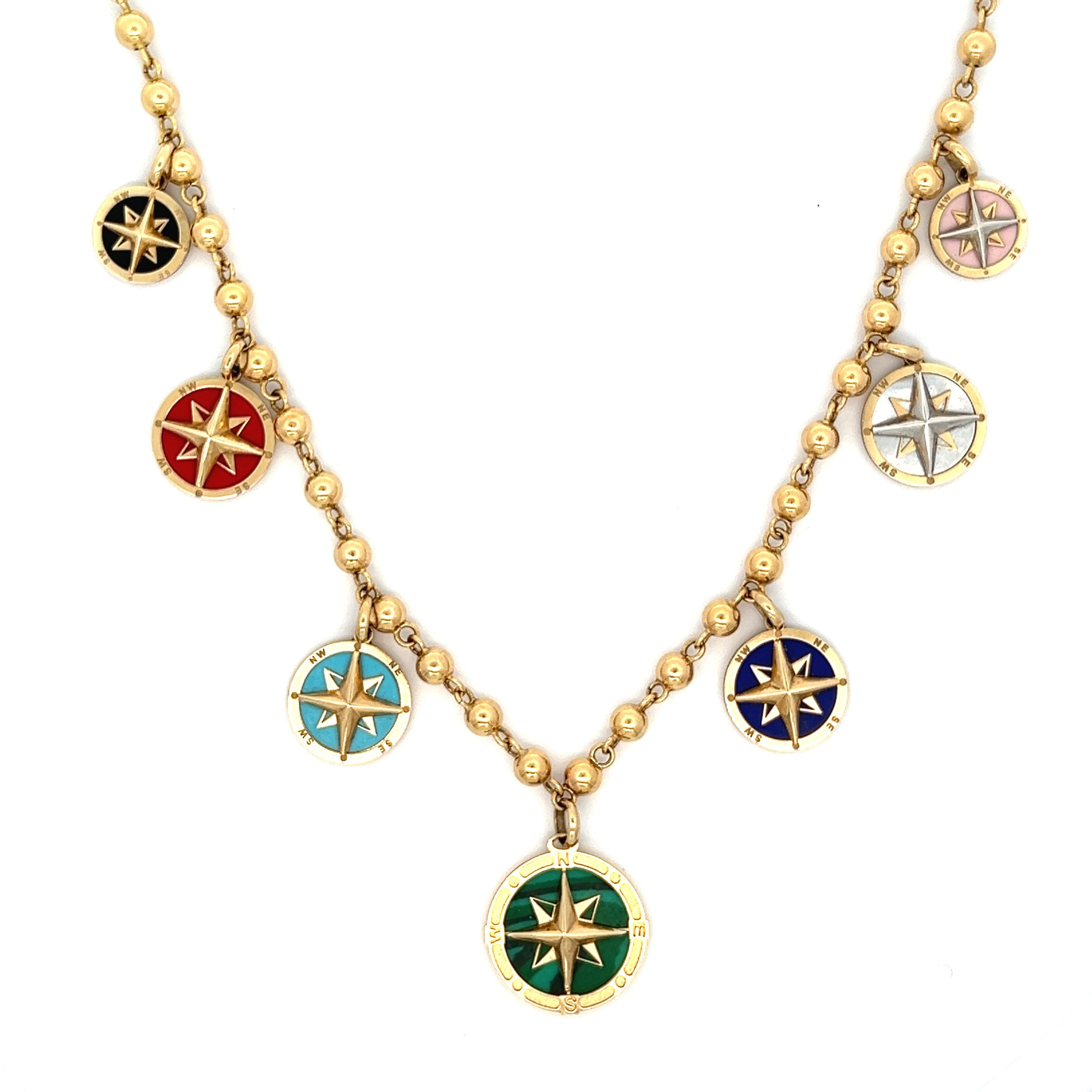 Dangle Multi-Gemstone Compass 14k Gold Necklace