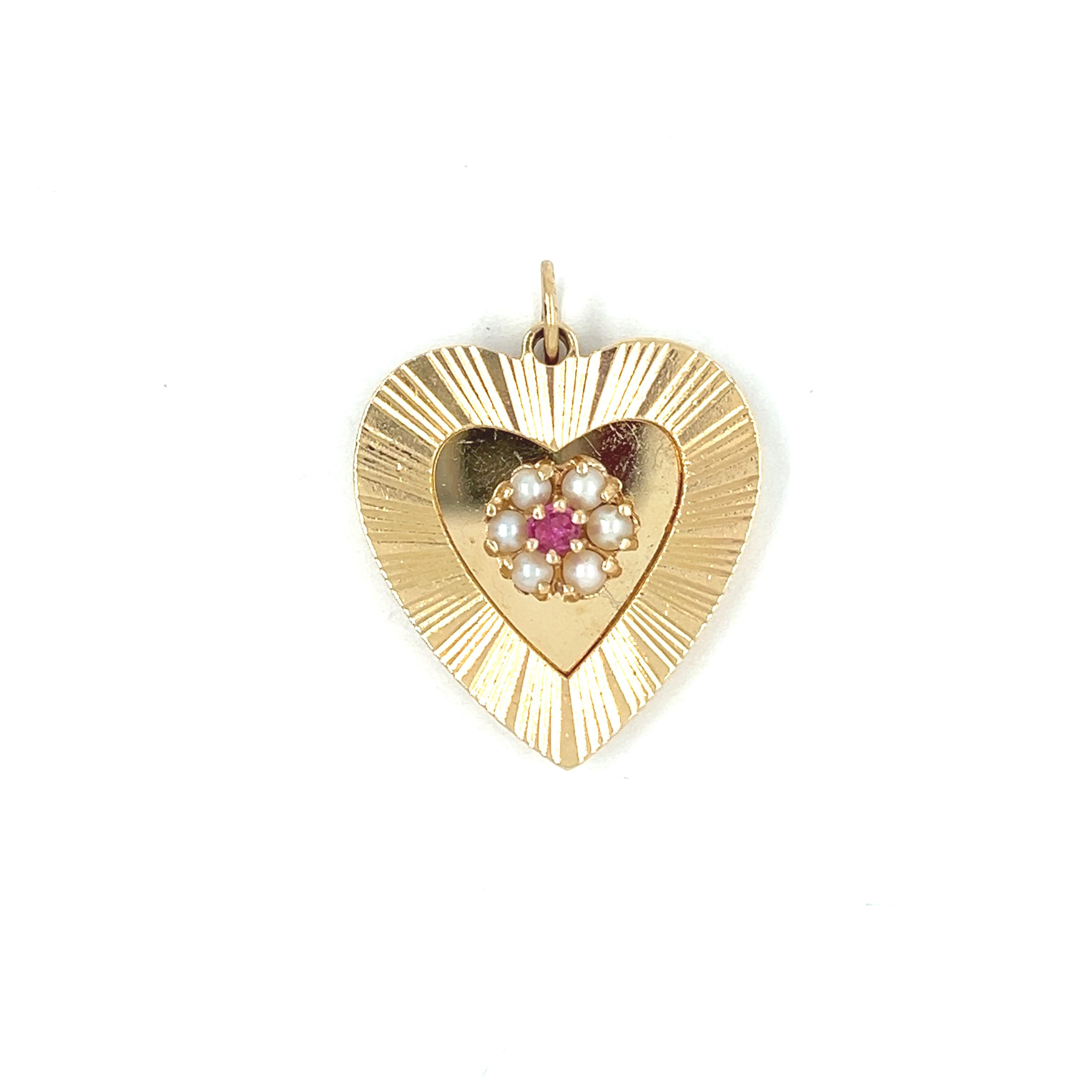 Vintage Pearl and Ruby Two-Tier Heart 14k Gold Charm