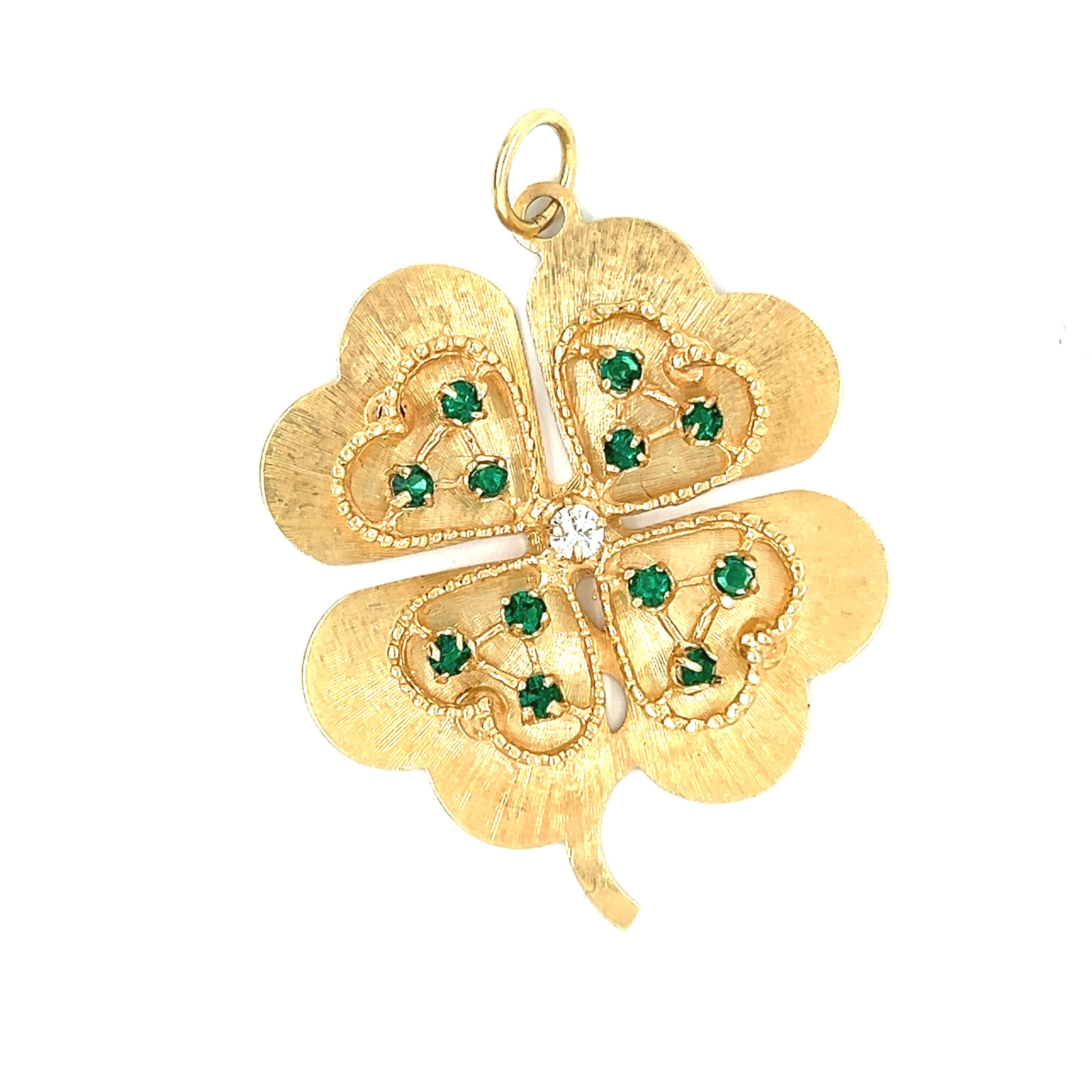 Vintage Diamond & Green Tourmalines Clover 14k Gold Pendant