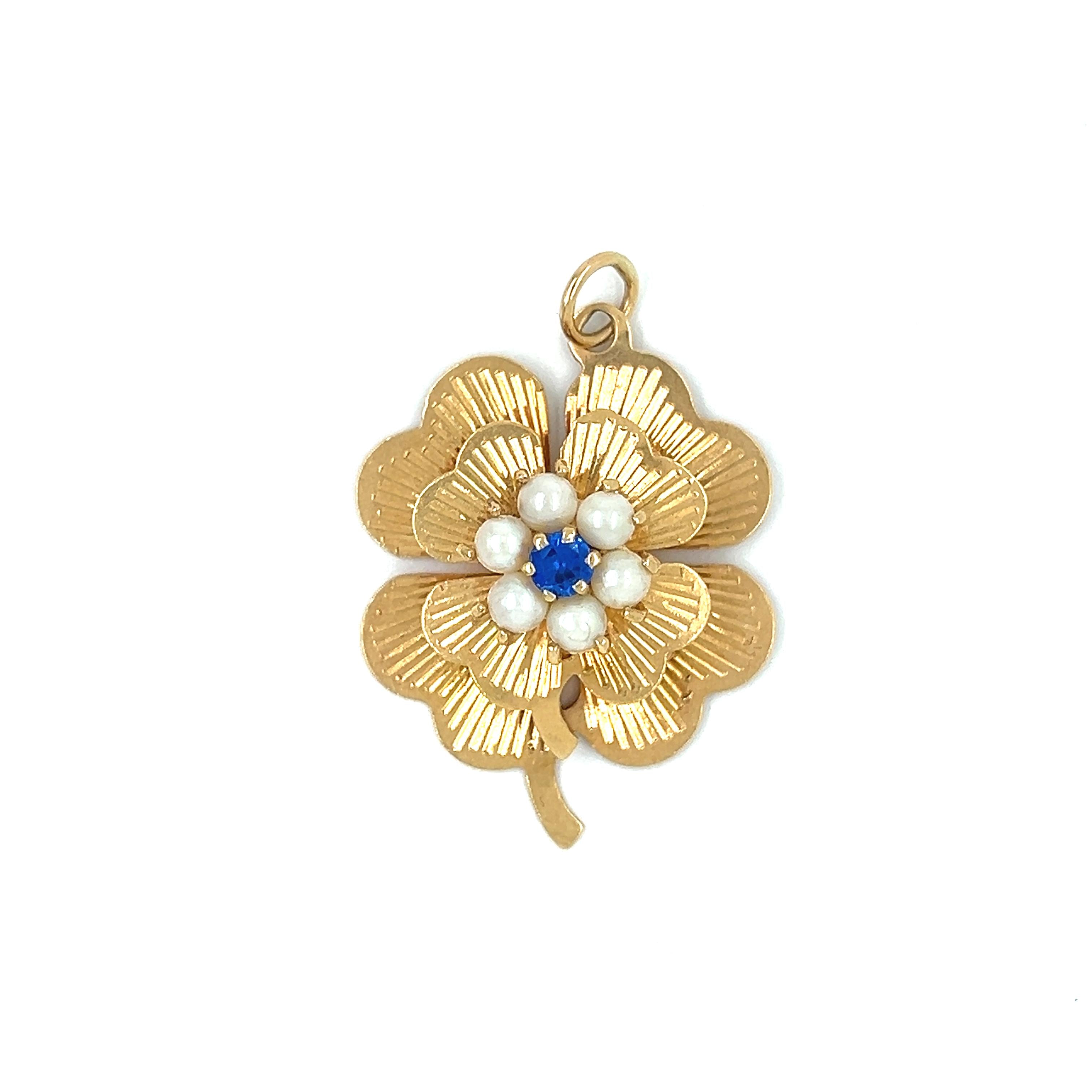 Vintage Engine Turned Two-Tier Pearl and Blue Sapphire Clover 14k Gold Charm