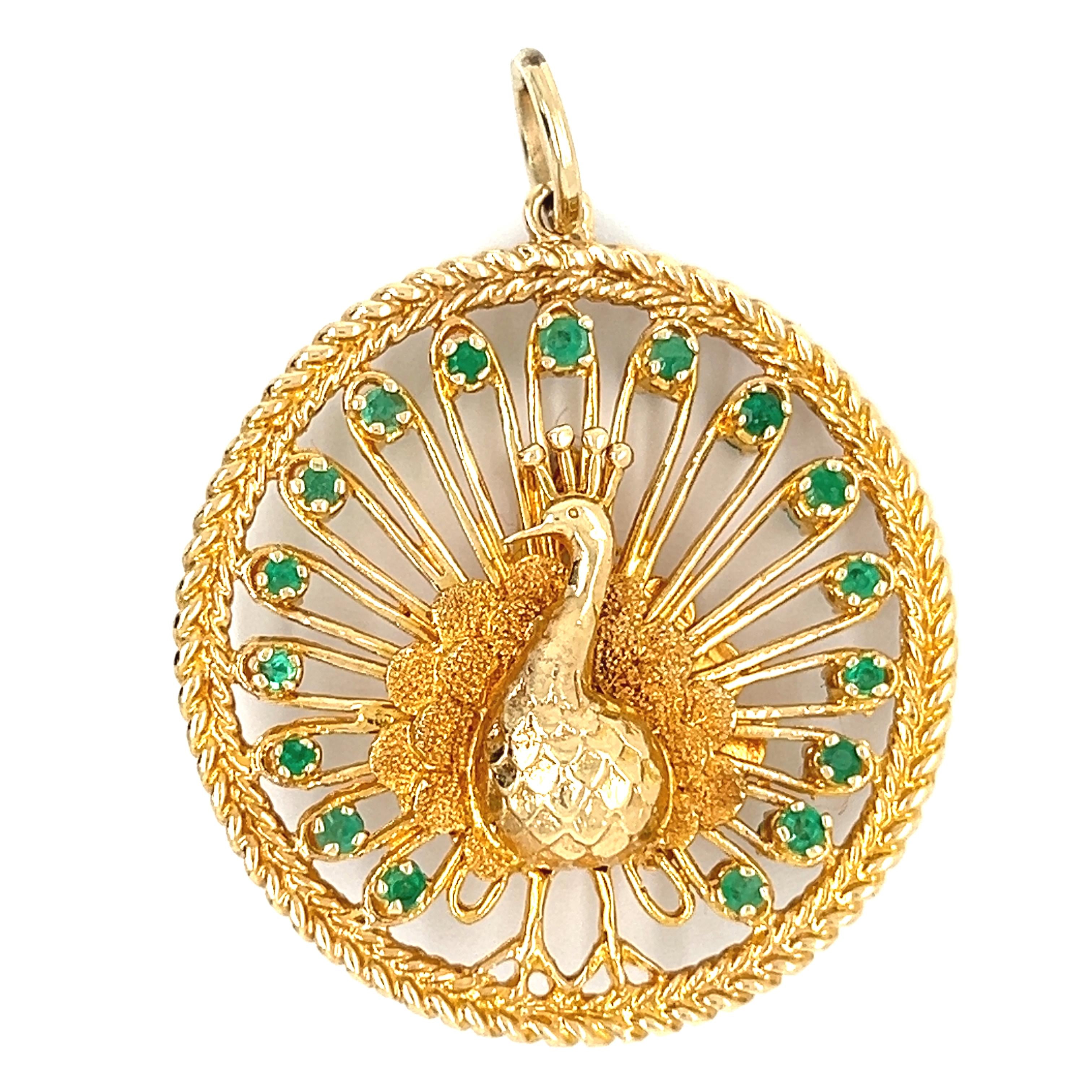 Vintage Doubled-Sided Emerald Crowned Peacock 18k Gold Charm