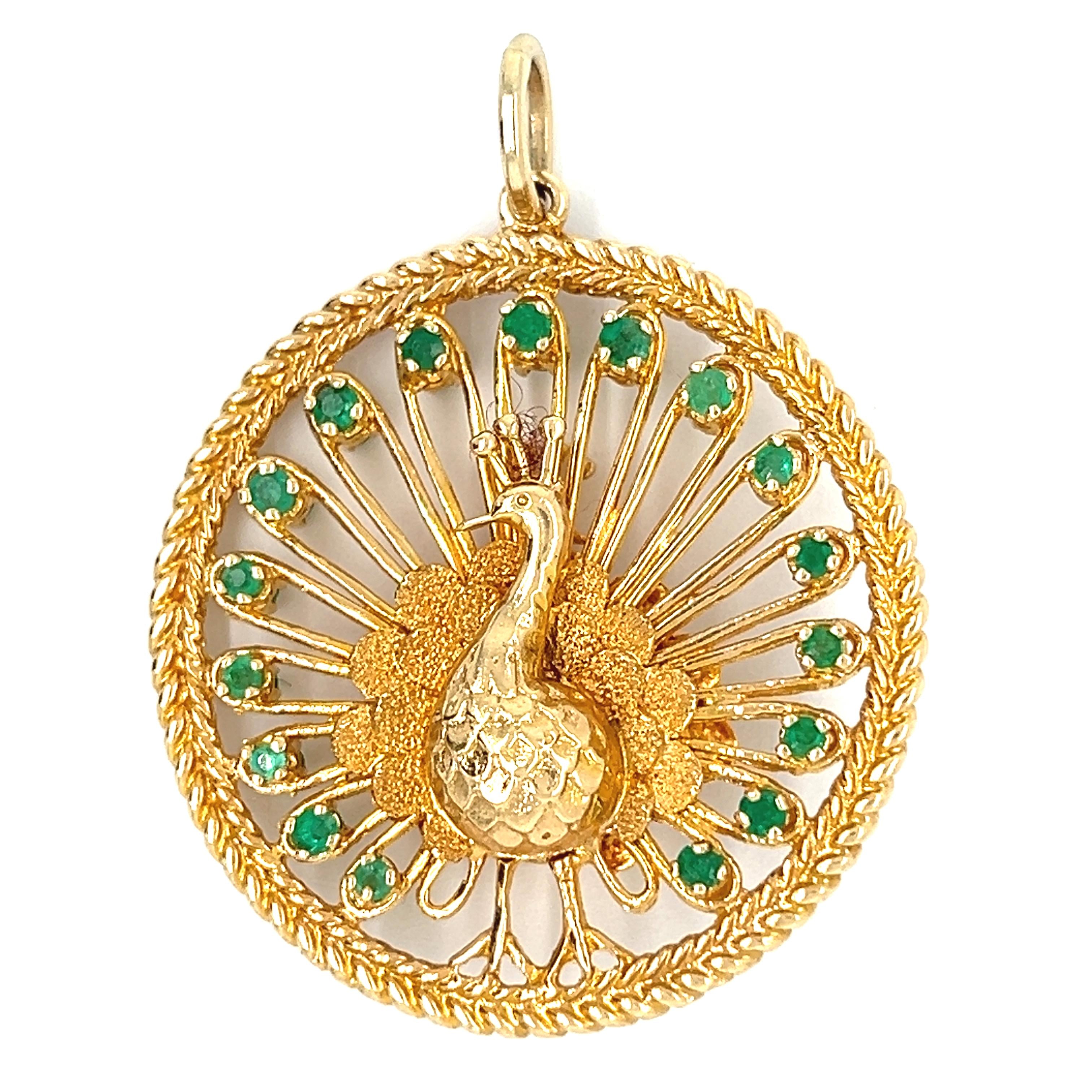 Vintage Doubled-Sided Emerald Crowned Peacock 18k Gold Charm