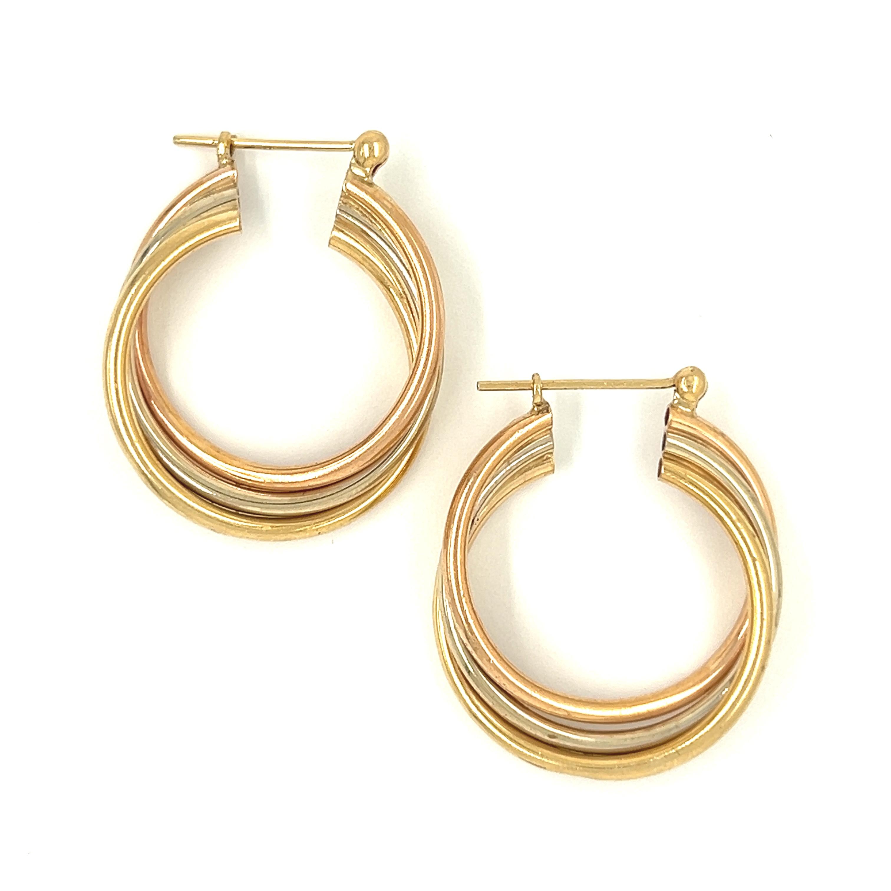 Vintage Triple-Tone Hollow 14k Gold Hoop Earrings