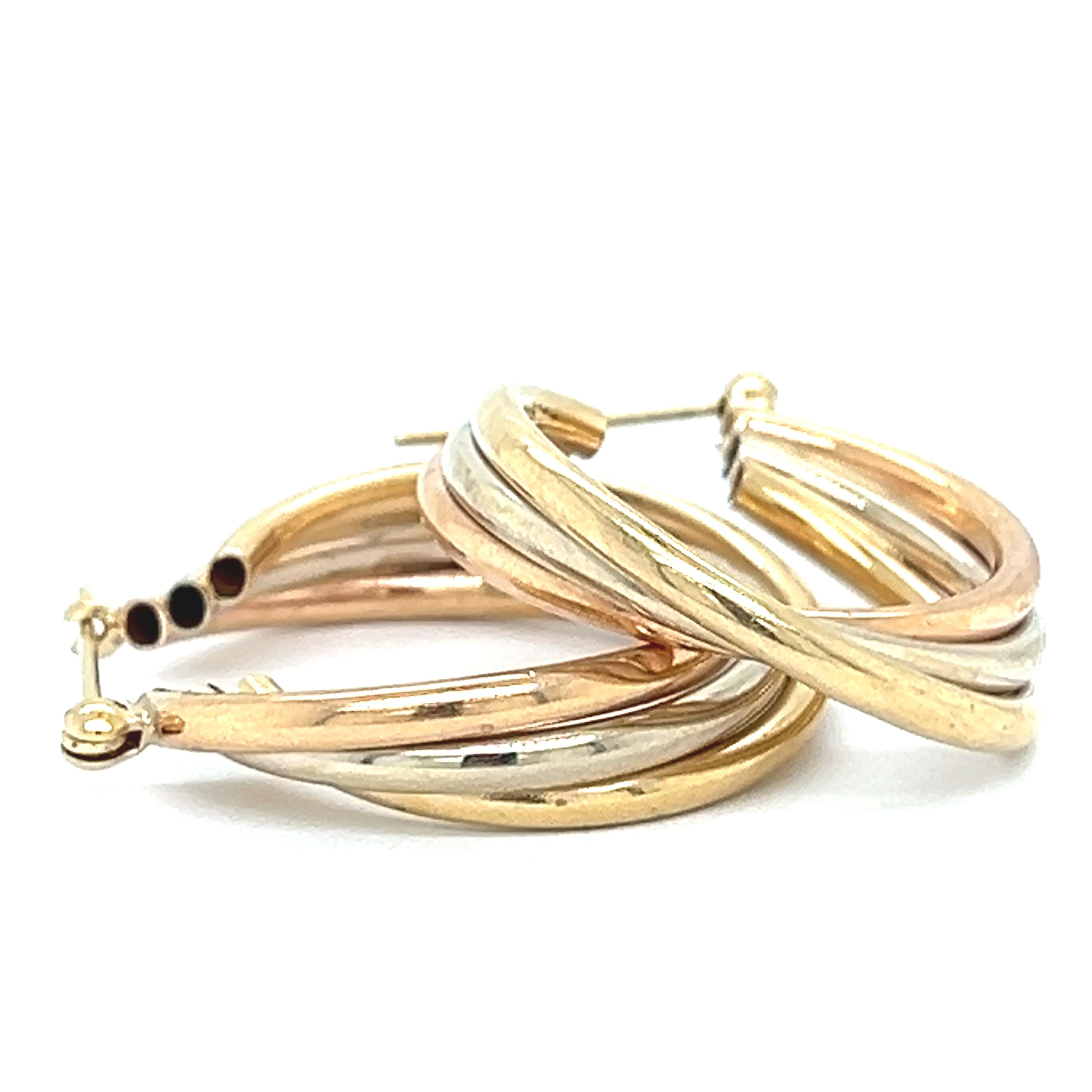 Vintage Triple-Tone Hollow 14k Gold Hoop Earrings