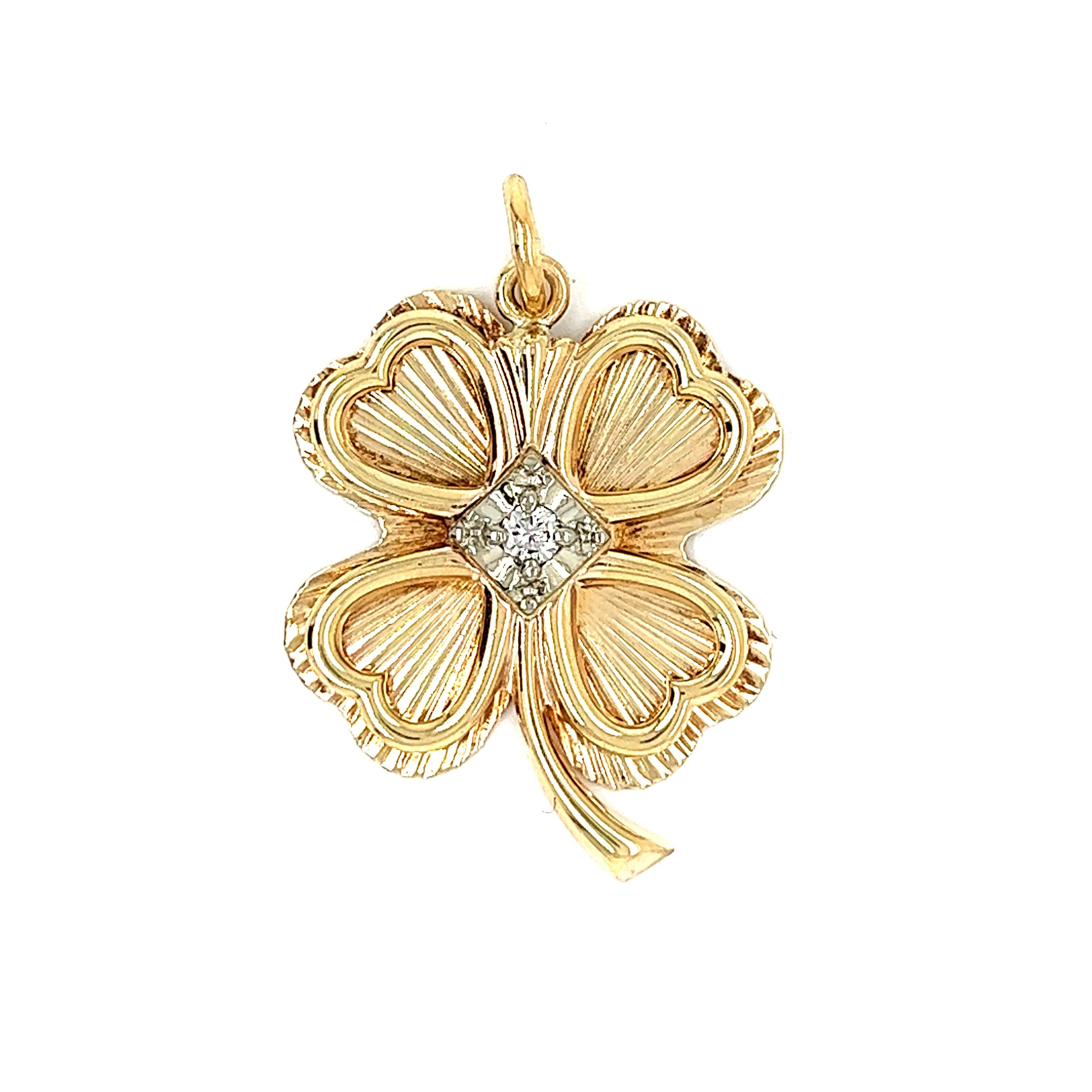 Vintage Engine Turned Diamond Clover 14k Gold Charm