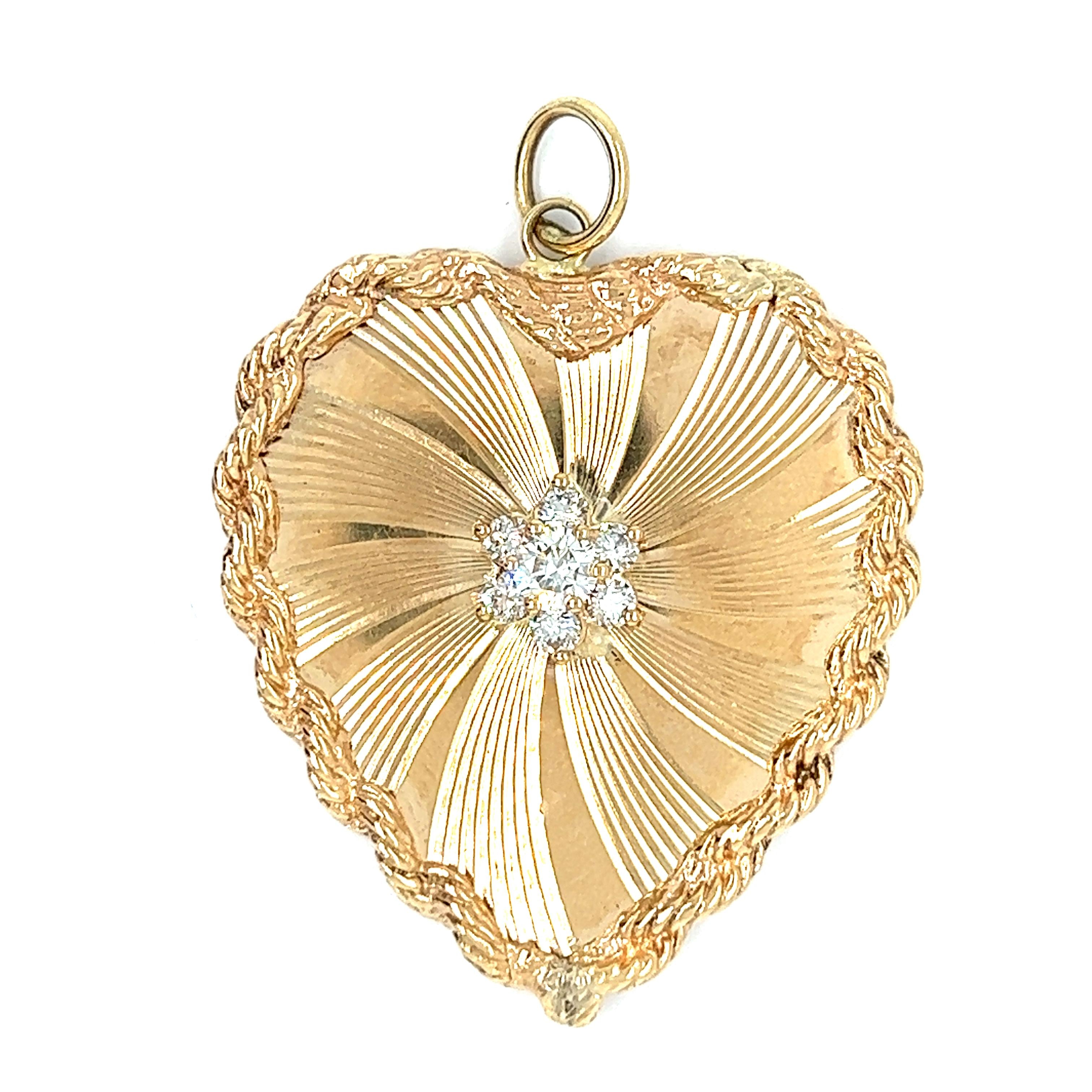 Vintage Engine Turned Diamond Cluster Heart 14k Gold Charm