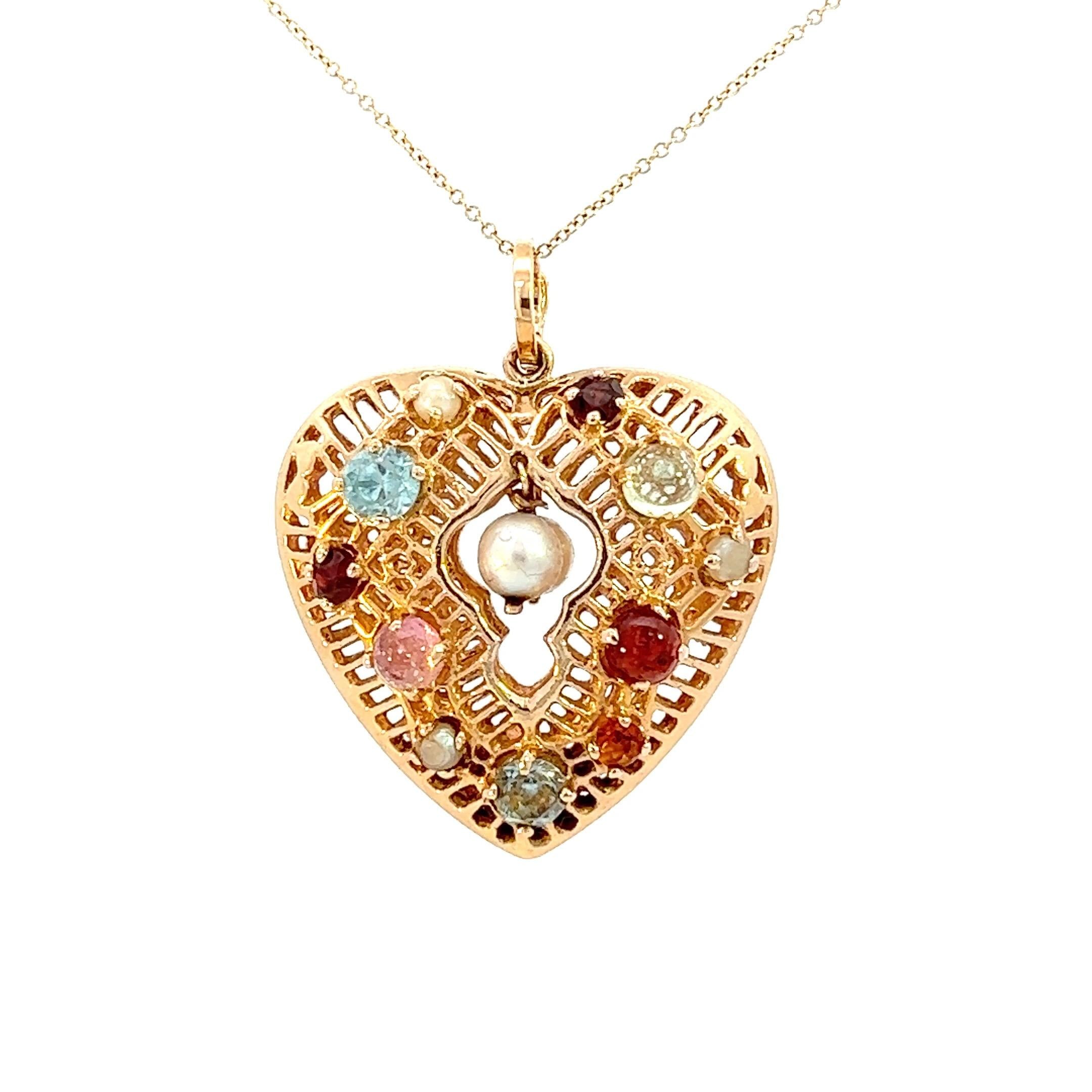 Vintage Pearl Multigem 3-D Heart 14k Pendant