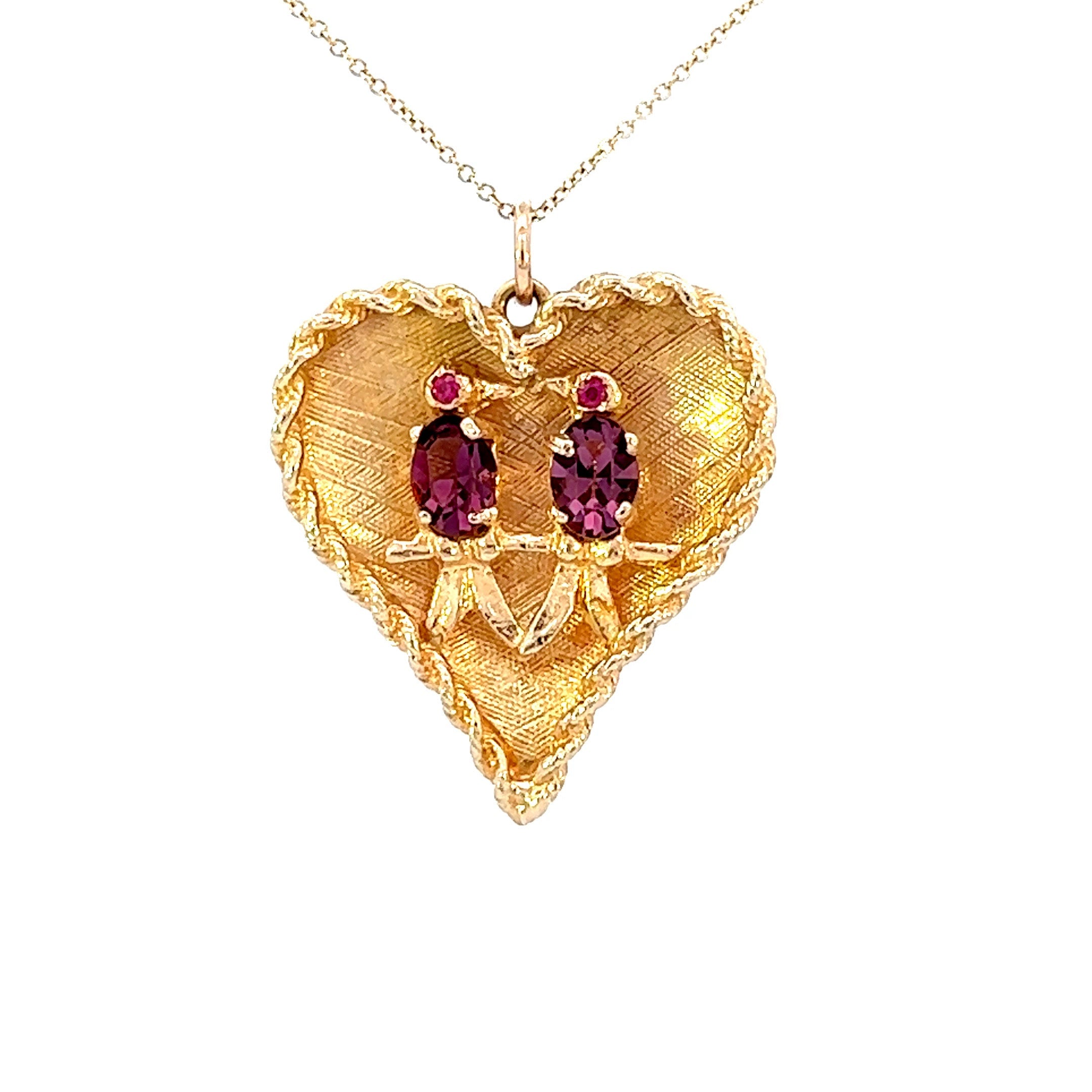 Vintage Ruby Love Bird Engraved 14k Gold Heart Charm